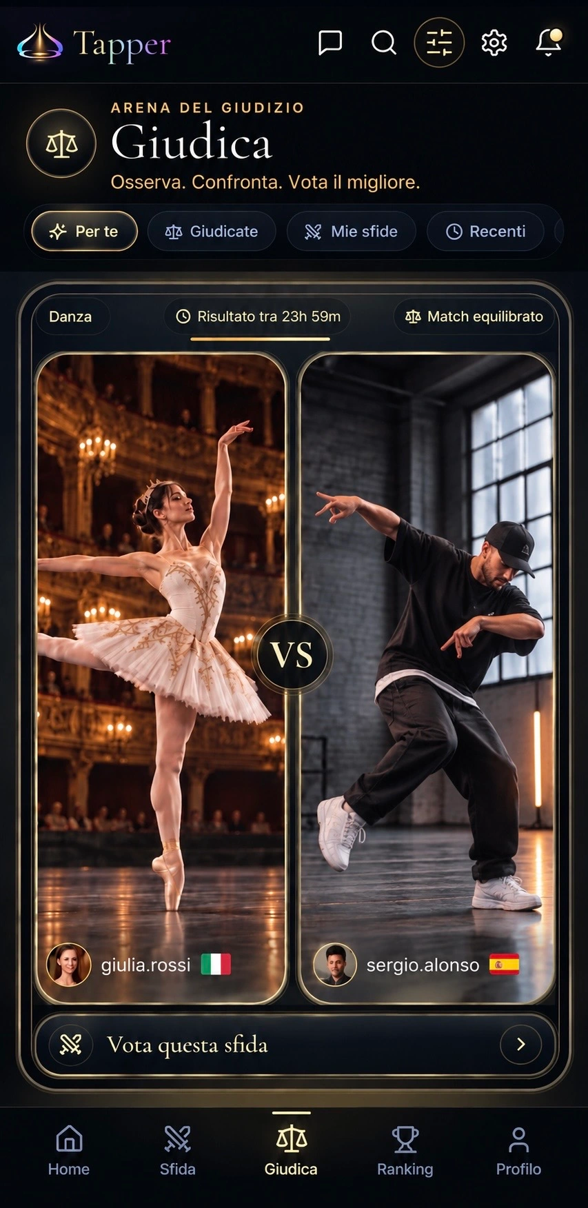 Illustrative Tapper screen in English: a ballet dancer and a hip hop dancer appear side by side in a Dance arena challenge. giulia.rossi, Italy; sergio.alonso, Spain.