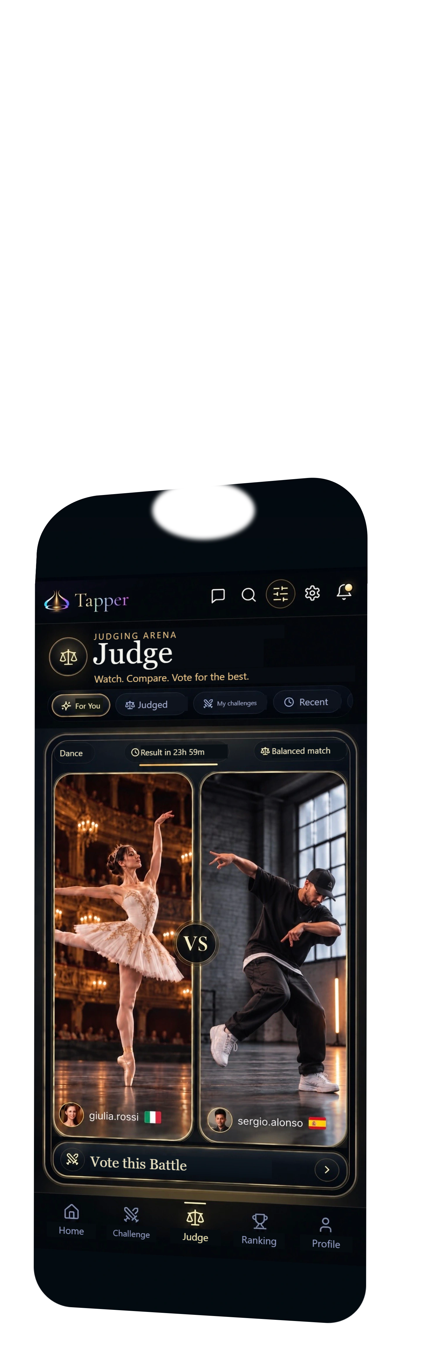 Illustrative Tapper screen in English: a ballet dancer and a hip hop dancer appear side by side in a Dance arena challenge. giulia.rossi, Italy; sergio.alonso, Spain.